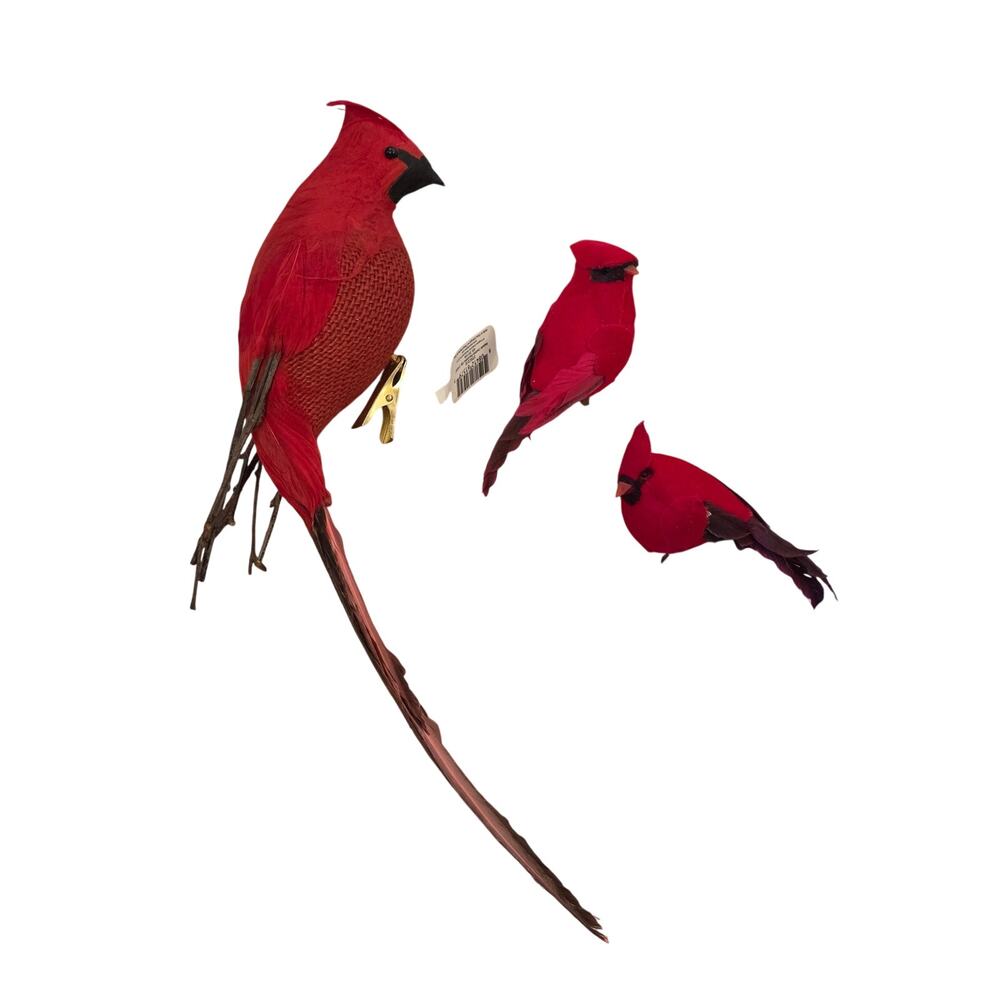 Set of 3 One Large and Two Small Clip-On Cardinal Ornaments Christmas Holiday